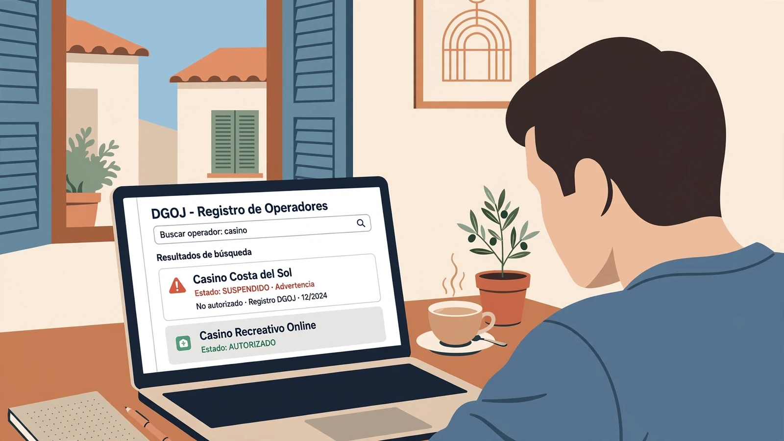 Usuario revisando registro DGOJ en laptop
