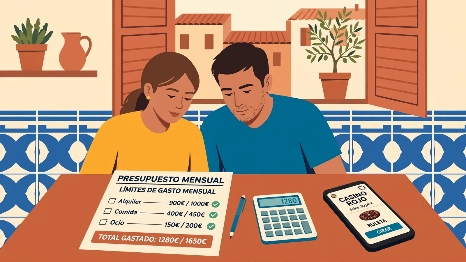Pareja revisando límites de depósito en casa