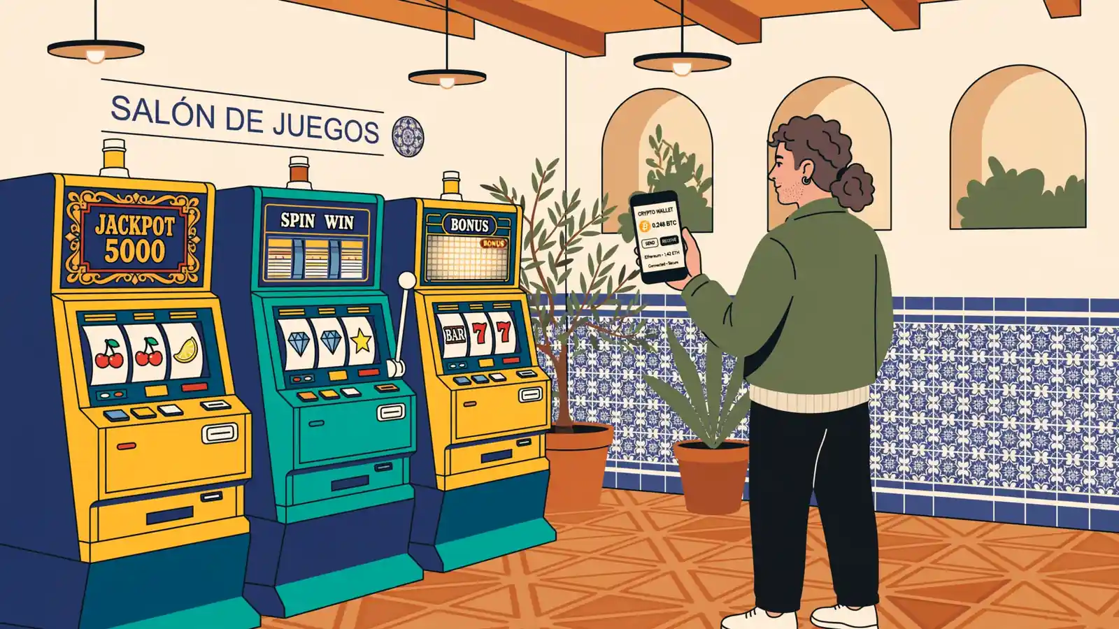 Jugador considerando criptomonedas frente a máquinas tragamonedas